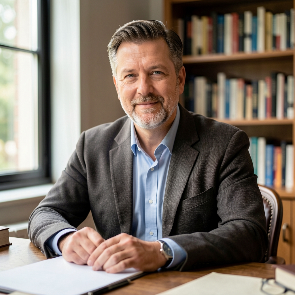 Editorial portrait of the founding editor at a wooden writing desk, natural daylight from a large window, bookshelves in the background