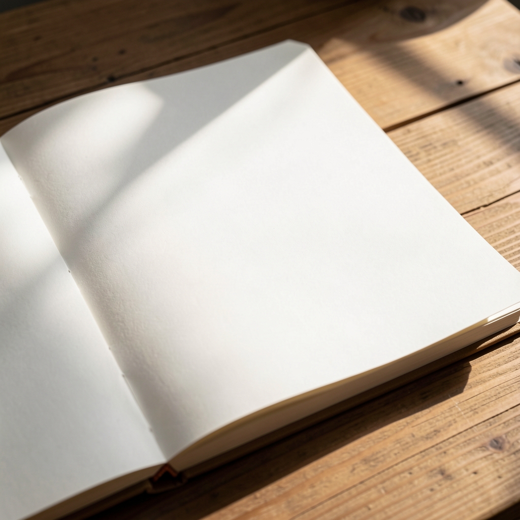 Close-up of a plain white notebook open on a wooden table, morning light casting long shadows across the pages