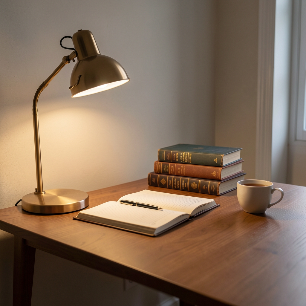 A writing desk with a single lamp, a stack of books, and a cup of tea, warm ambient light in a quiet room